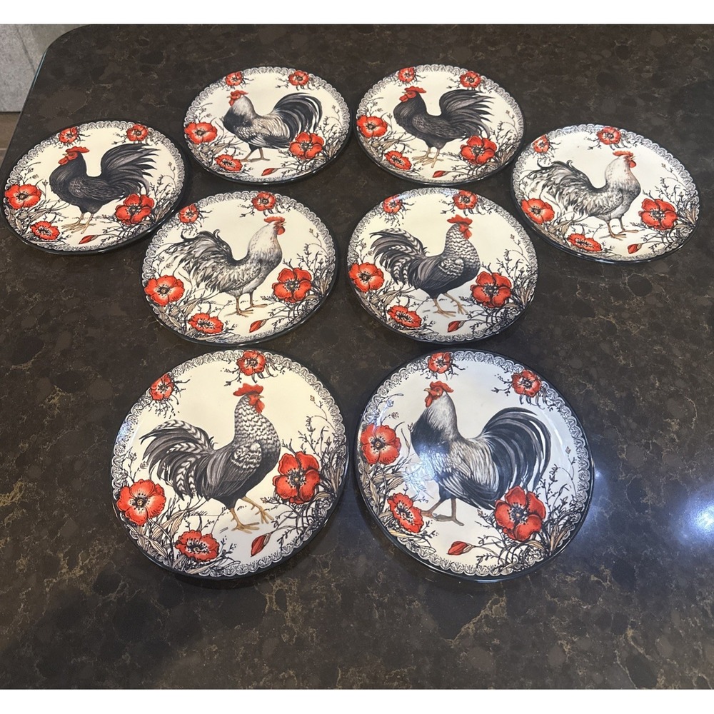 Cracker Barrel Susan Winget Rooster Poppy Stoneware Salad Plates Set of 8 --1991
